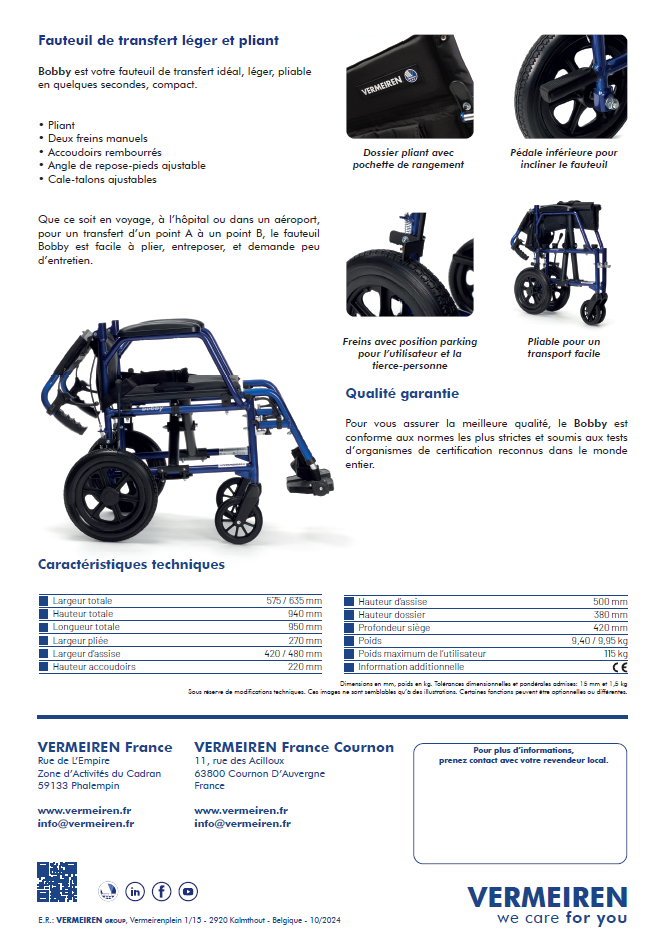 Fauteuil Roulant Manuel de Transfert Bobby